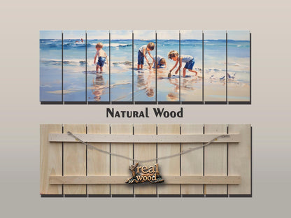 Wood Wall Art – Large Beach Wall Decor with Kids Playing on the Beach Print