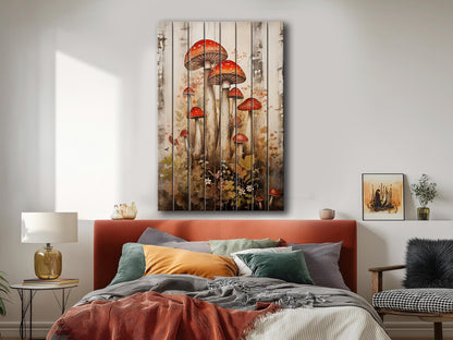 Rustic Wood Wall Art – Mushroom Garden Print on Natural Wood Planks