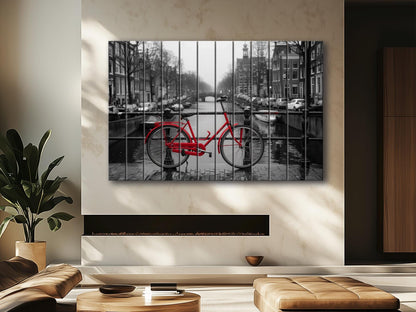 Wood Wall Art - Red Bicycle in Amsterdam Print on Wood, Netherlands Wall Art, Black and White Amsterdam Wood Print, Rustic Amsterdam Art