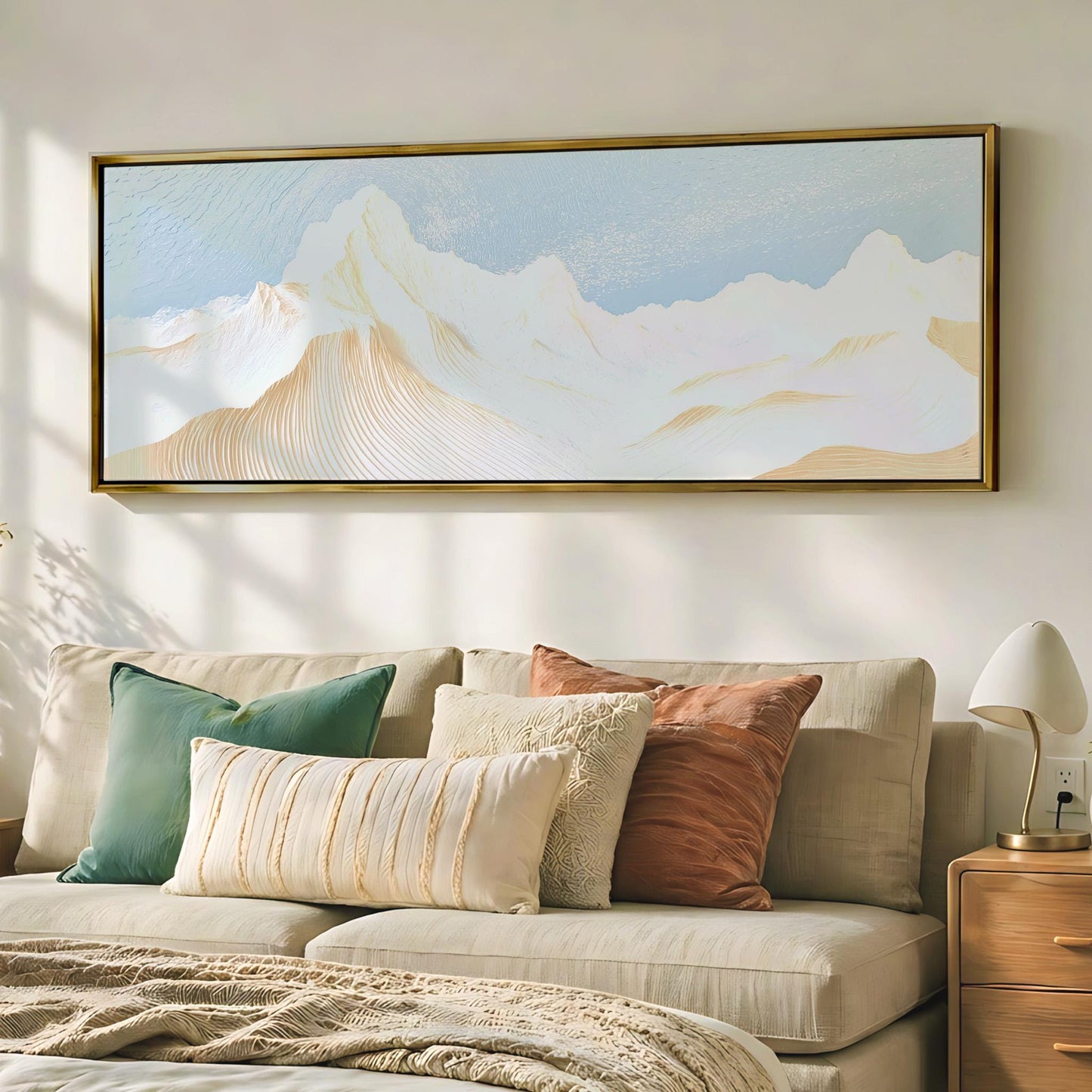 a cozy living room with a large framed painting of a mountain landscape hanging on the wall above a beige sofa adorned with colorful throw pillows.