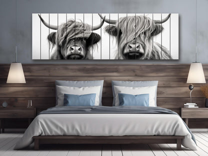 Highland Cows Wall Art - Rustic Wood Wall Decor with Romantic Cow Painting on Natural Wood