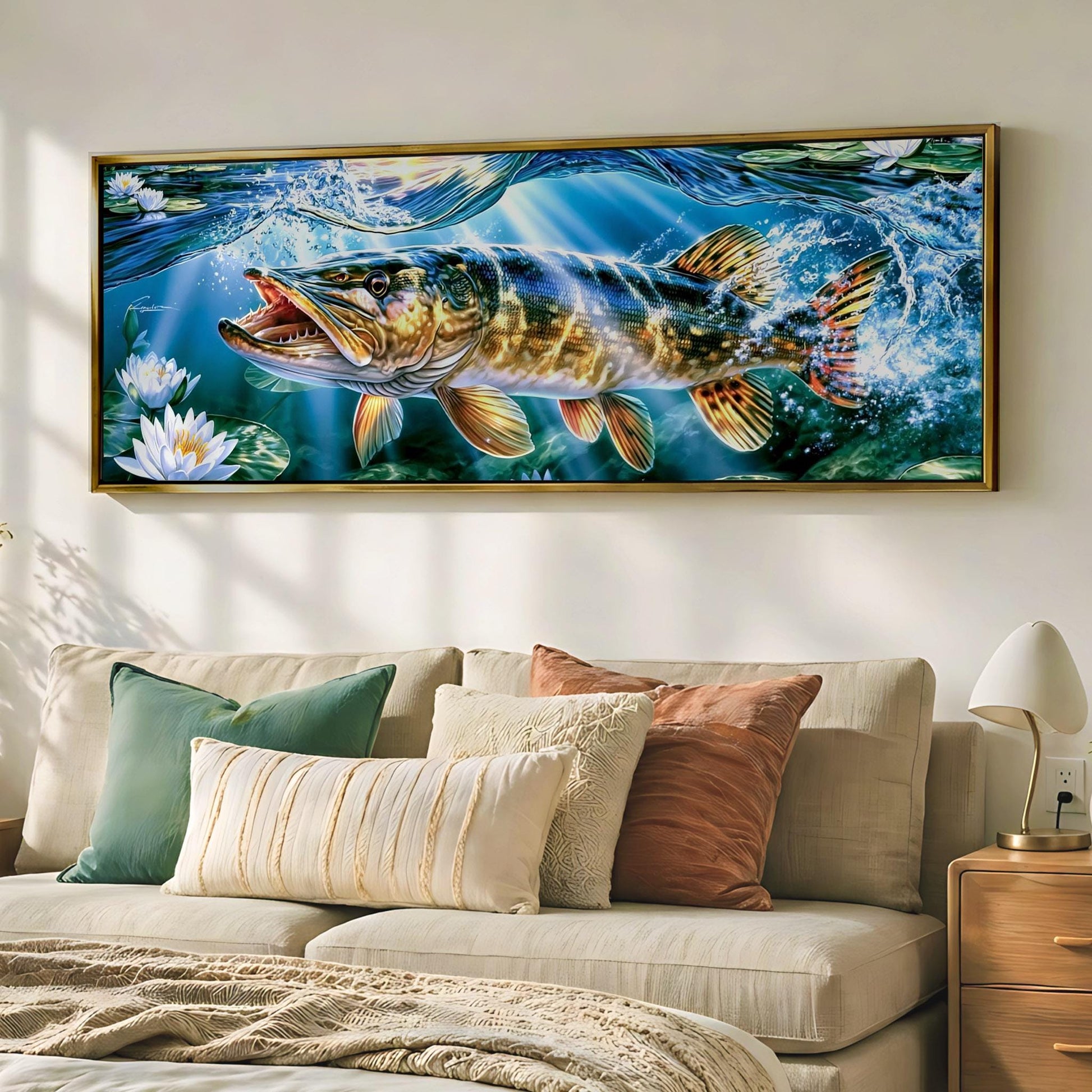a large painting of a fish swimming in water, hanging on a wall above a bed with pillows.