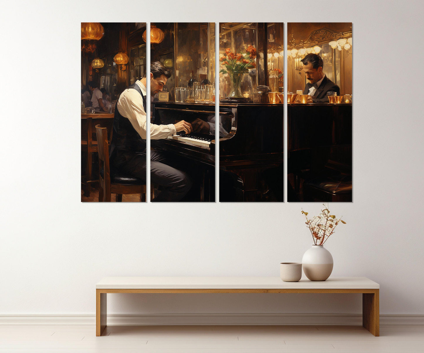 Piano Wall Art – Vintage Bar Painting Framed Canvas Print, Ready to Hang