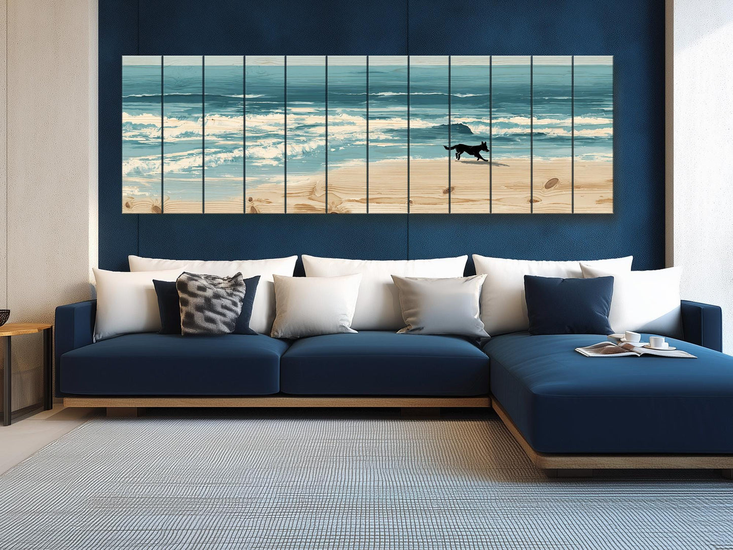 Coastal Wall Art – Dog Running on Beach Wood Print | Rustic Natural Decor