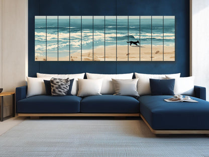 Coastal Wall Art – Dog Running on Beach Wood Print | Rustic Natural Decor