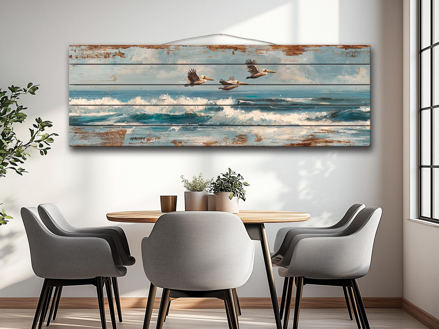 Pelicans Print Wood - Coastal Wall Art With Ocean Waves Painting & Sky Reflection