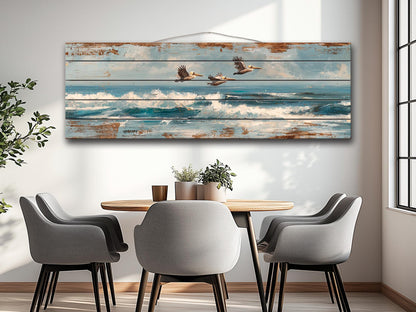 Pelicans Print Wood - Coastal Wall Art With Ocean Waves Painting & Sky Reflection