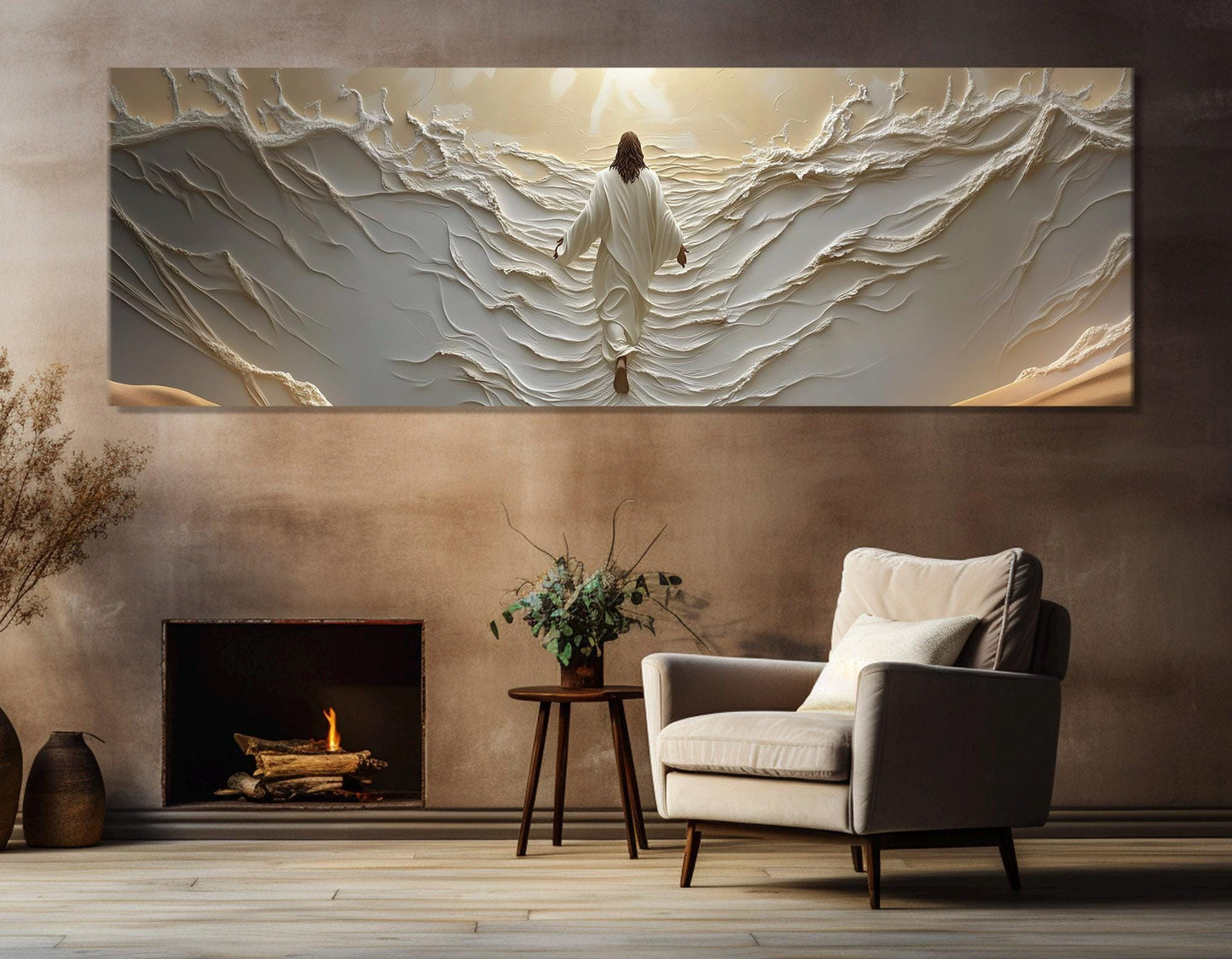 Jesus Walking on Water Canvas – Soft White Tones Painting | Framed Canvas Wall Art