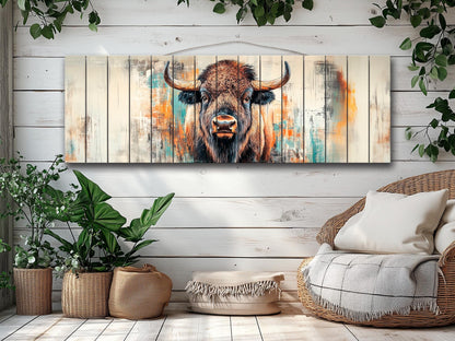 Rustic Wood Wall Art - Bison Print on Wood, Abstract Bison Portrait, Bison Wall Art, Farmhouse Wall Decor, Bison Painting, Bison in Interior