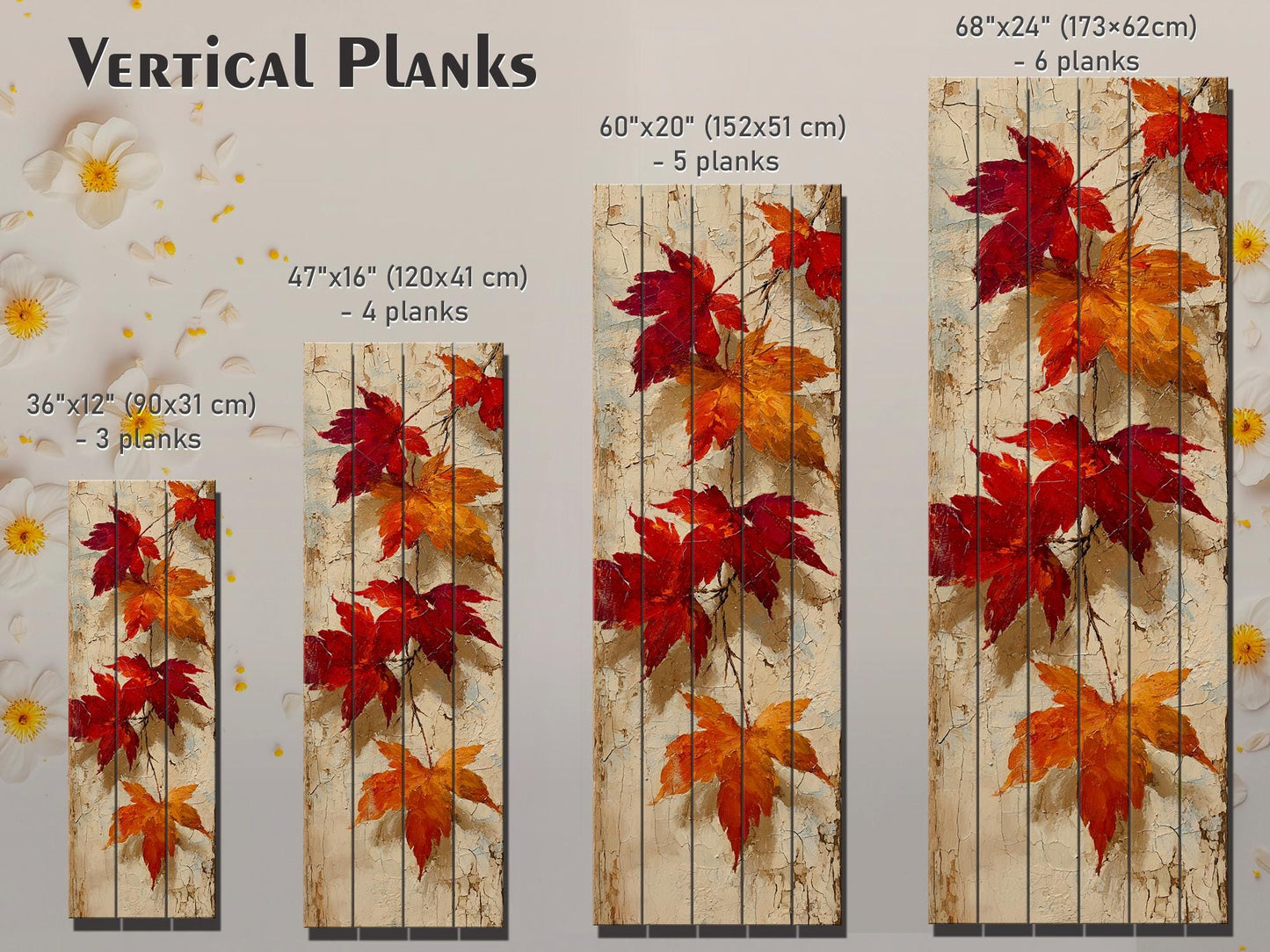Rustic Wooden Wall Art – Falling Maple Leaves Print on Natural Wood Planks