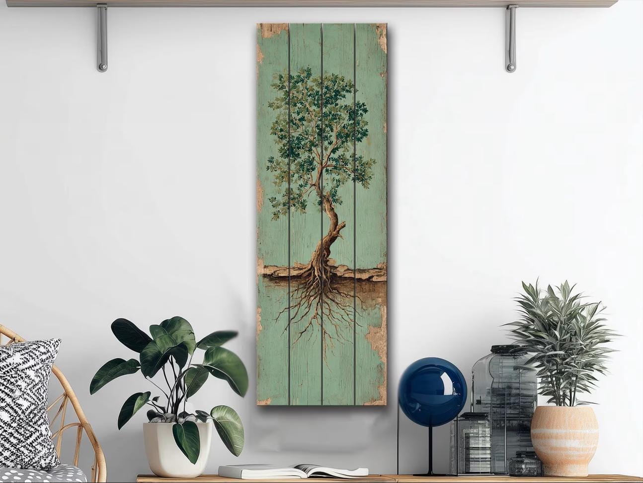 Rustic Tree Painting – Wood Wall Art With Exposed Roots & Nature Wall Decor