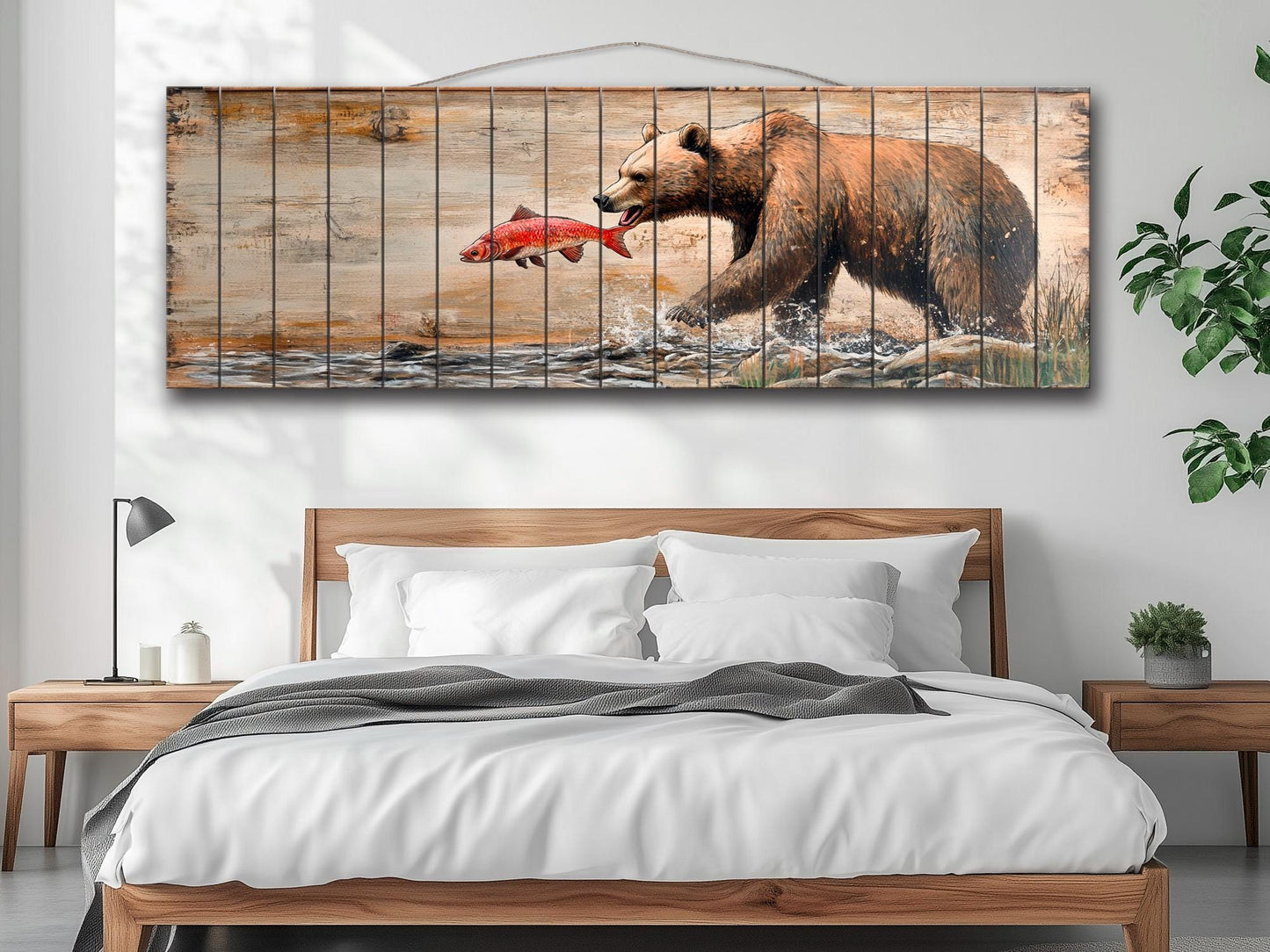 Rustic Wood Wall Art – Grizzly Bear Print on Linden Wood Planks | Natural Wildlife Decor