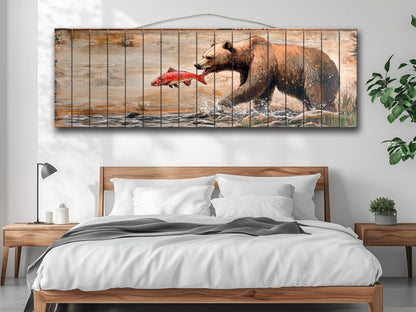 Rustic Wood Wall Art – Grizzly Bear Print on Linden Wood Planks | Natural Wildlife Decor