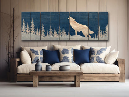 Wolf Silhouette in Snowy Forest Print on Natural Wood, Rustic Howling Wolf Wall Art