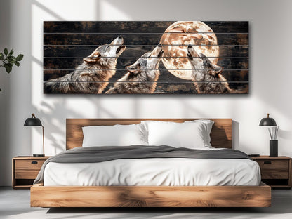 Rustic Wood Wall Art – Howling Wolves Moon Print on Natural Wood | Indigenous Wolf Decor