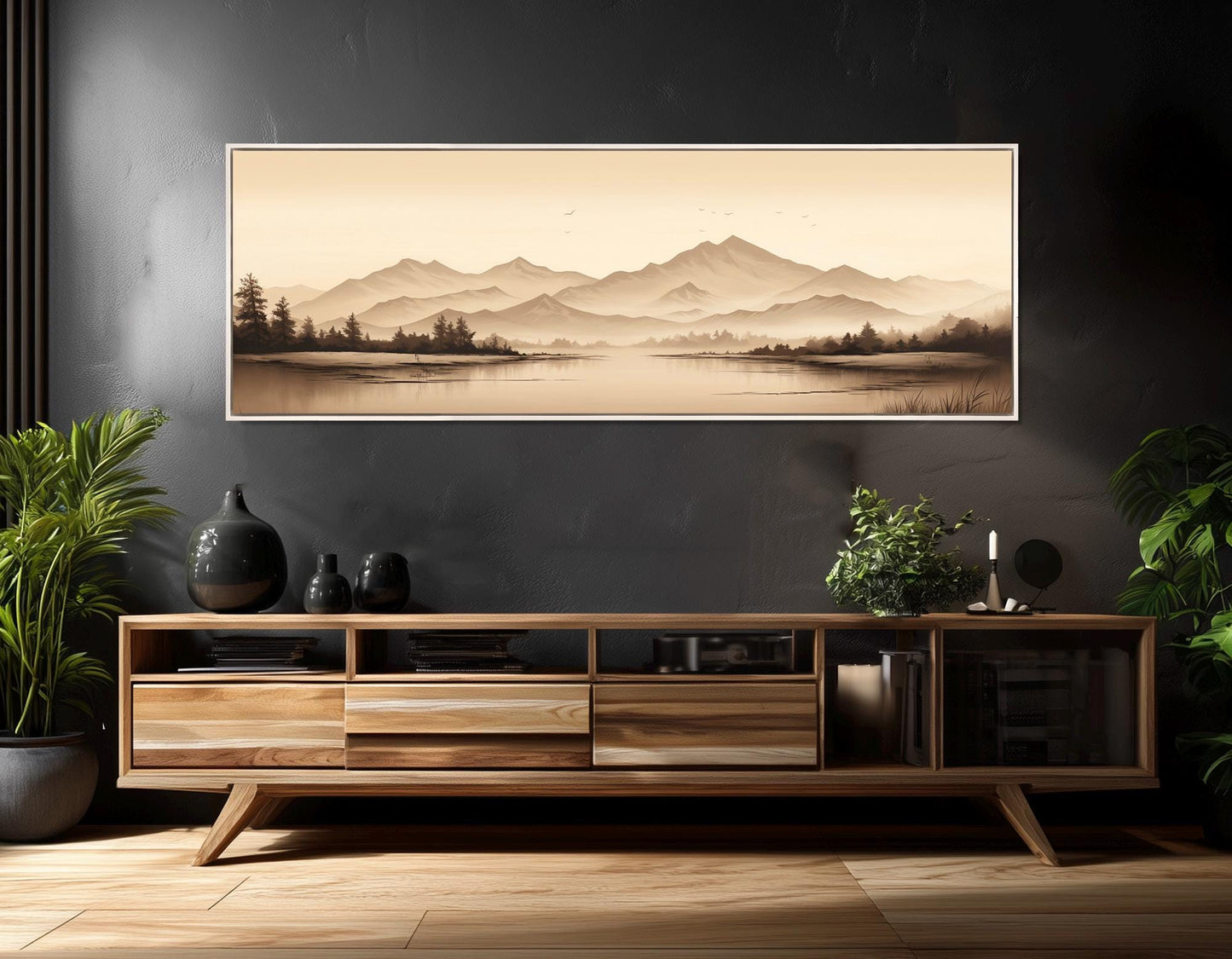 Sepia Forest Lake Canvas – Mountain Landscape Art | Framed & Ready to Hang
