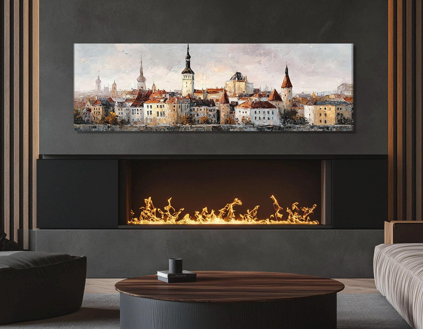 Vintage Tallinn Old Town Canvas Print, Retro Estonia Painting, Framed and Ready to Hang