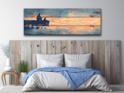 Father Child Fishing Art - Rustic Wooden Wall Art With Lake Dock Scene