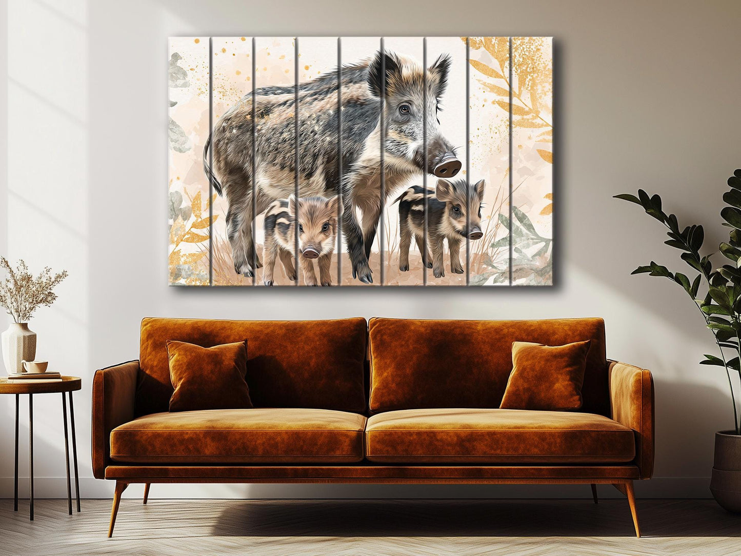 Cute Wild Boar Family Kids Print on Wood – Animal  Wall Art