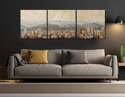 Portland Skyline Canvas - Abstract Wall Art | Rustic Framed Canvas Print, Ready to Hang