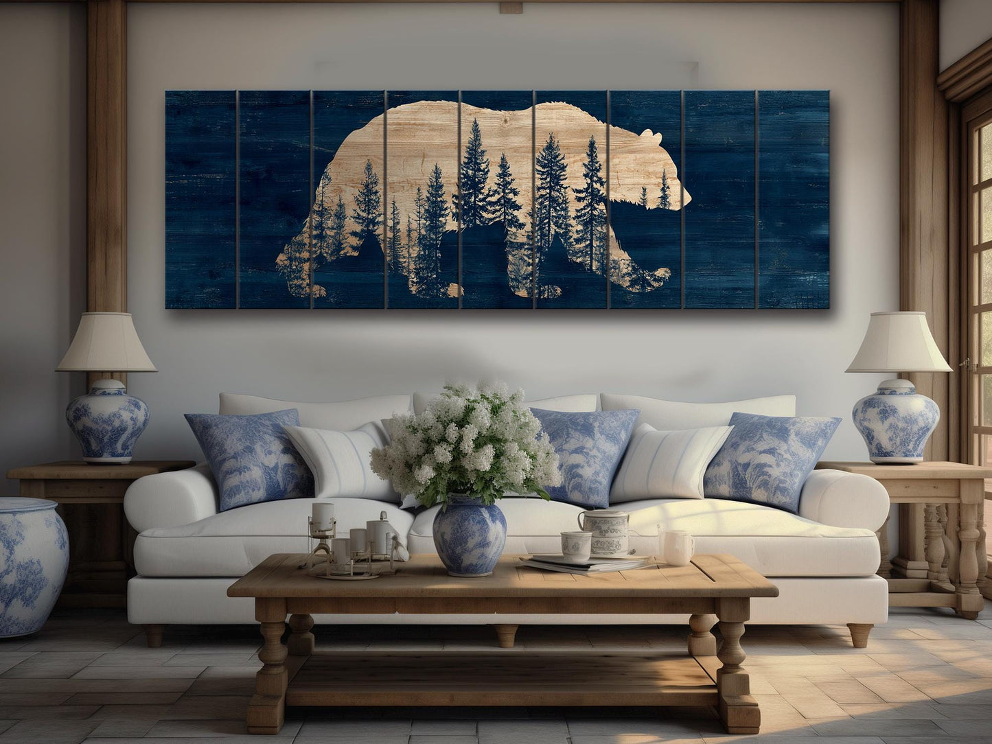 Bear Silhouette Wall Art – Rustic Cabin Decor with Pine Forest Print on Wood