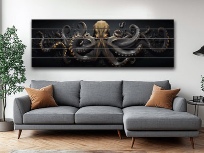 Black And Gold  Octopus Printed On  Natural Wood – Nautical Wall Decor