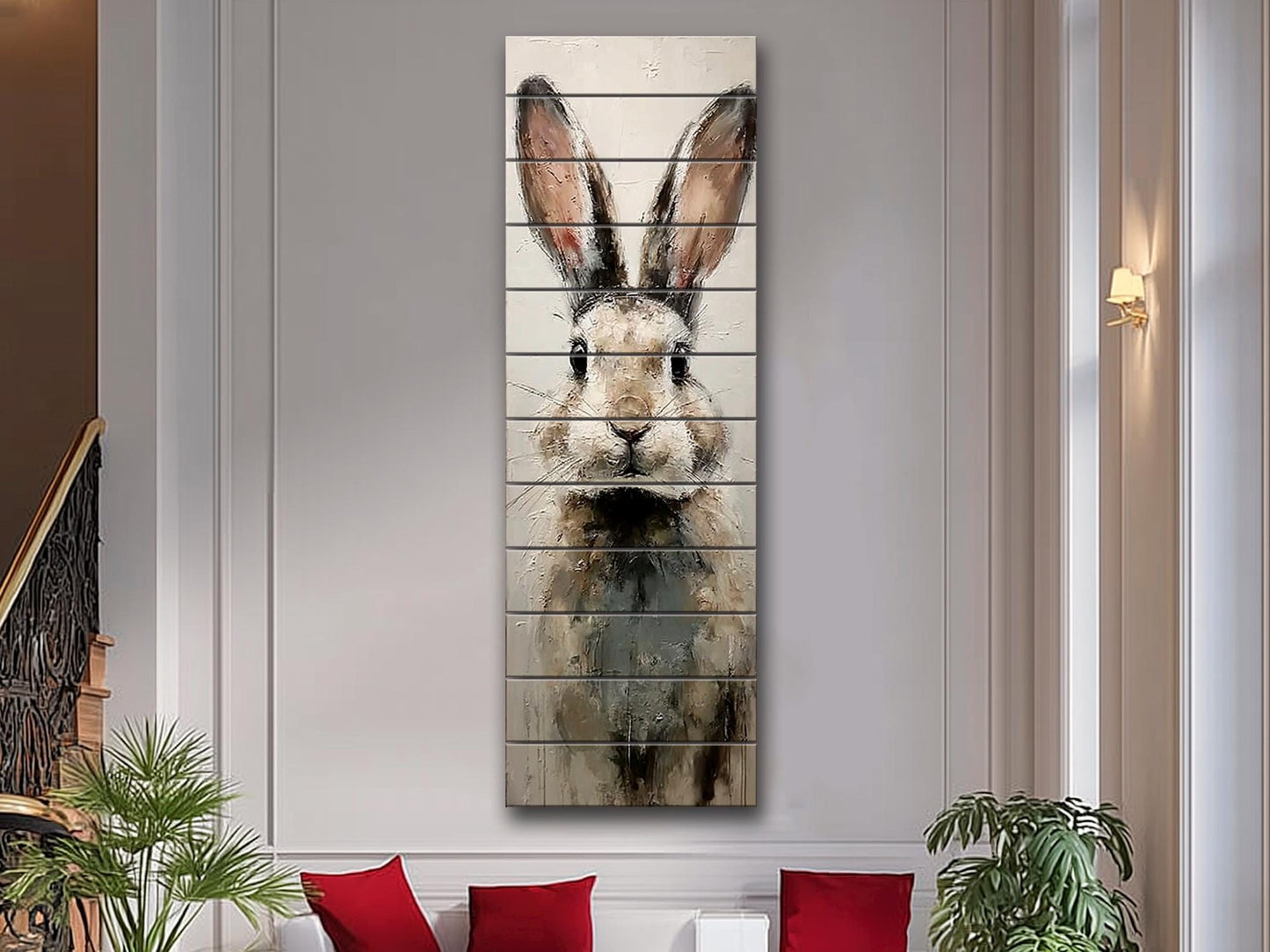 Rabbit Portrait Print on Wood – Beige and Gray Brushstroke Oil Painting, Neutral Rustic Wall Art
