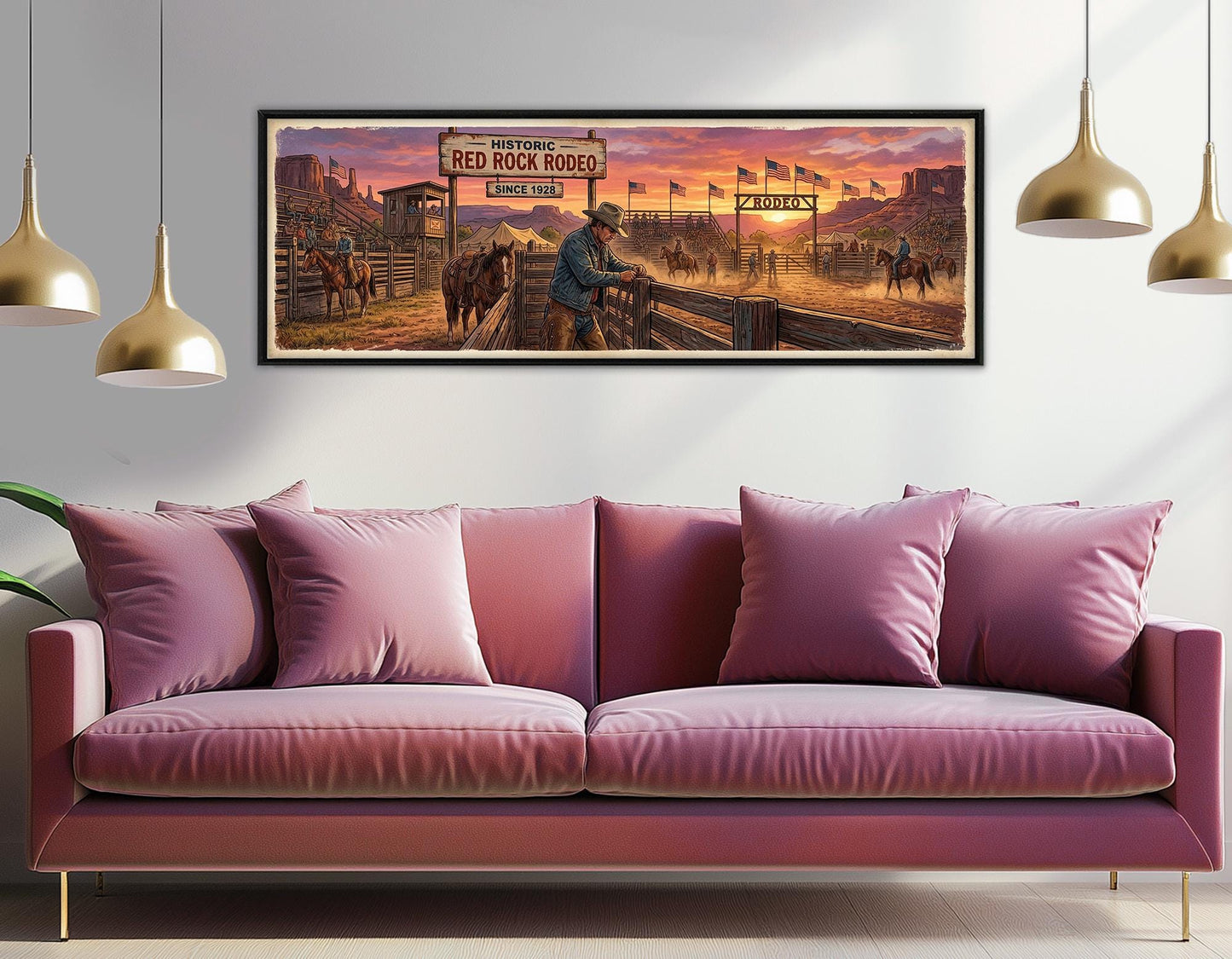 Rodeo Canvas Print, Panoramic Cowboy Arena Painting, Large Western Wall Art, Framed and Ready to Hang