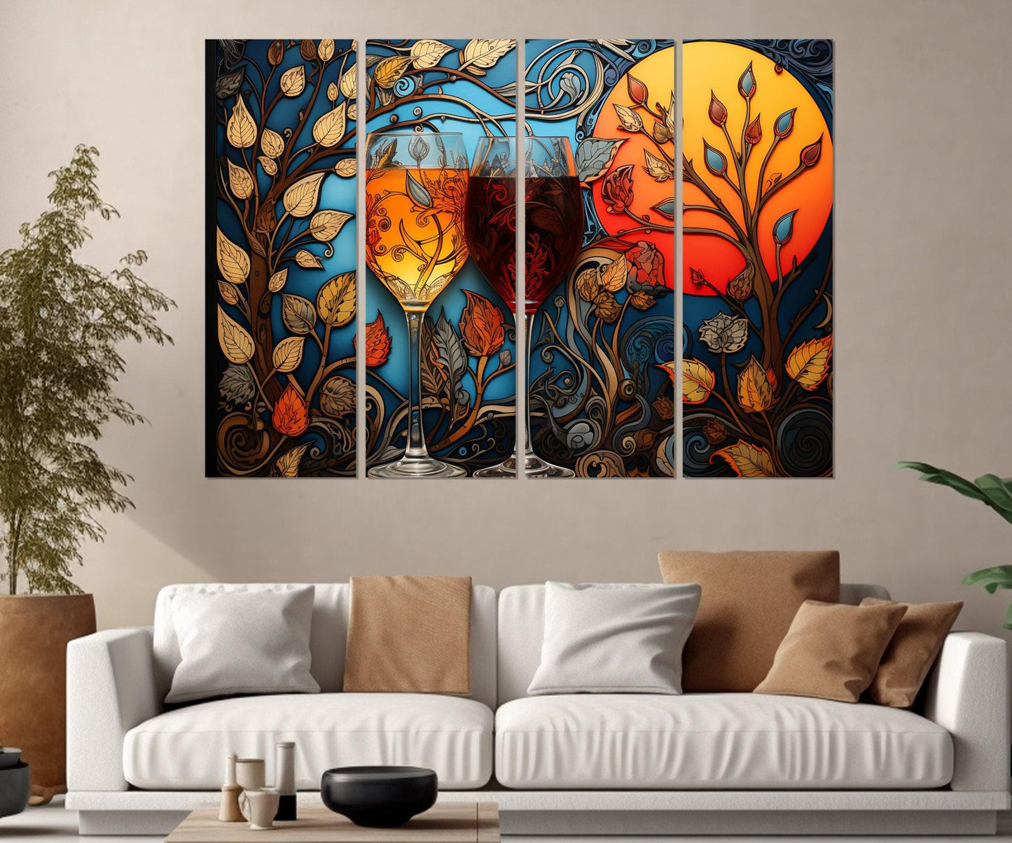 Glasses with White and Red Wine Painting Canvas Print, Madhubani Style Wine Wall Art, Wine Shop Decor, Framed and Ready to Hang