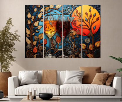 Glasses with White and Red Wine Painting Canvas Print, Madhubani Style Wine Wall Art, Wine Shop Decor, Framed and Ready to Hang