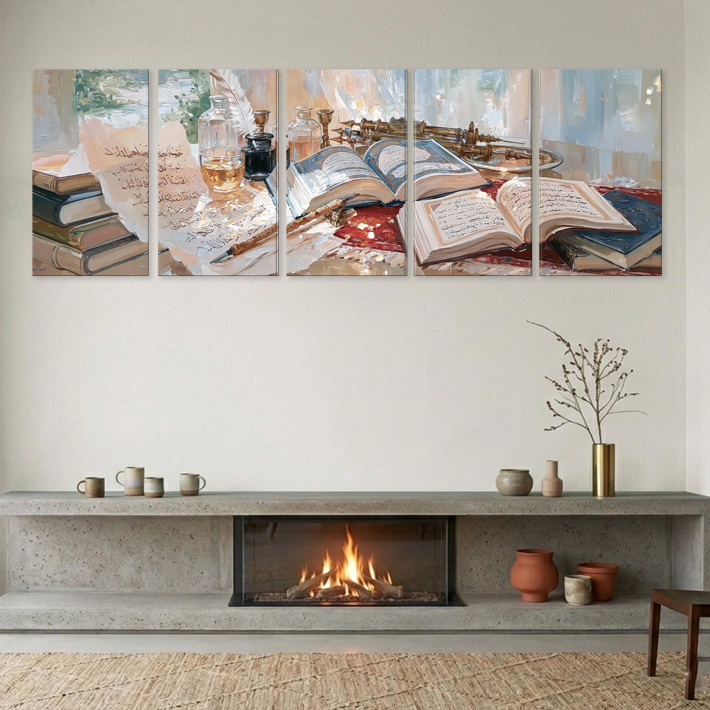 a cozy living room with a fireplace, books, and various decorative items.