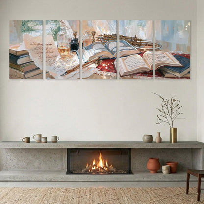 a cozy living room with a fireplace, books, and various decorative items.