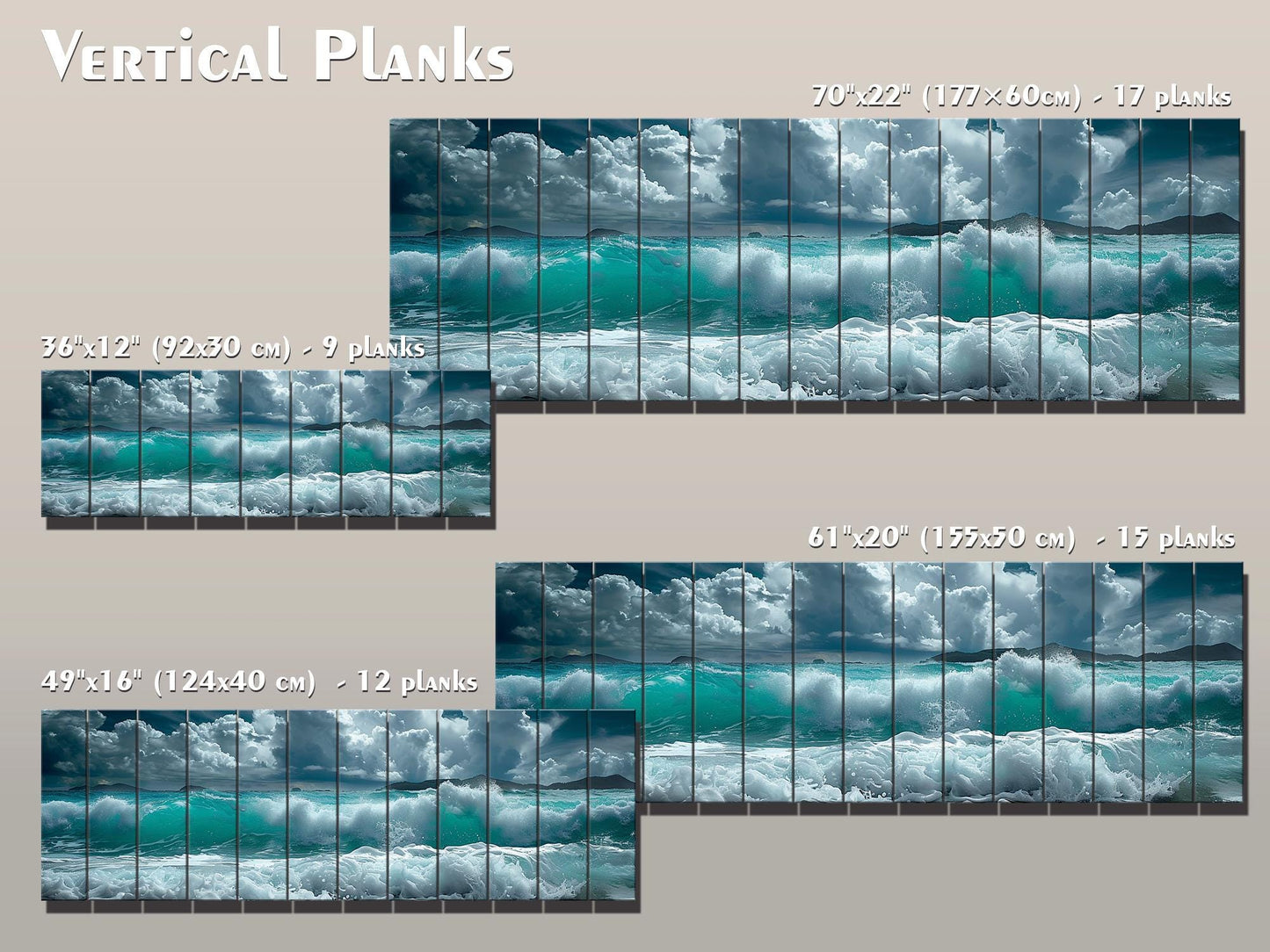 Ocean Wall Decor - Soft Blue Ocean Waves Printed On Natural Wood Art Planks