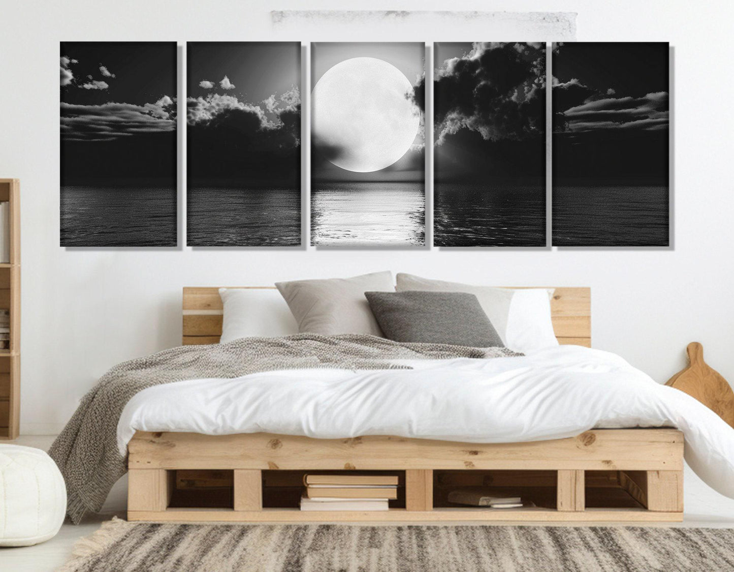 Moon Canvas Print – Scenic Moon Over Sea | Black And White Art | Ready To Hang