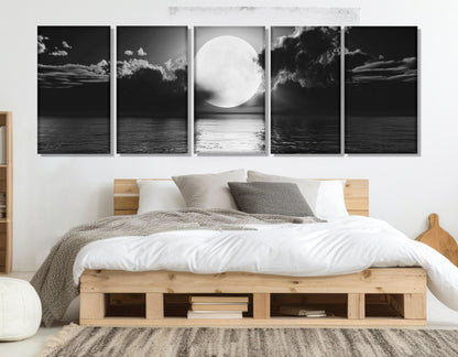 Moon Canvas Print – Scenic Moon Over Sea | Black And White Art | Ready To Hang