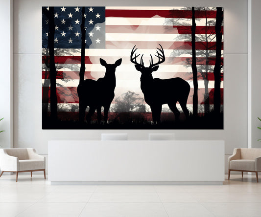 Deer Family Canvas Print – USA Flag Patriotic Deer Decor | Framed Wall Art Ready to Hang