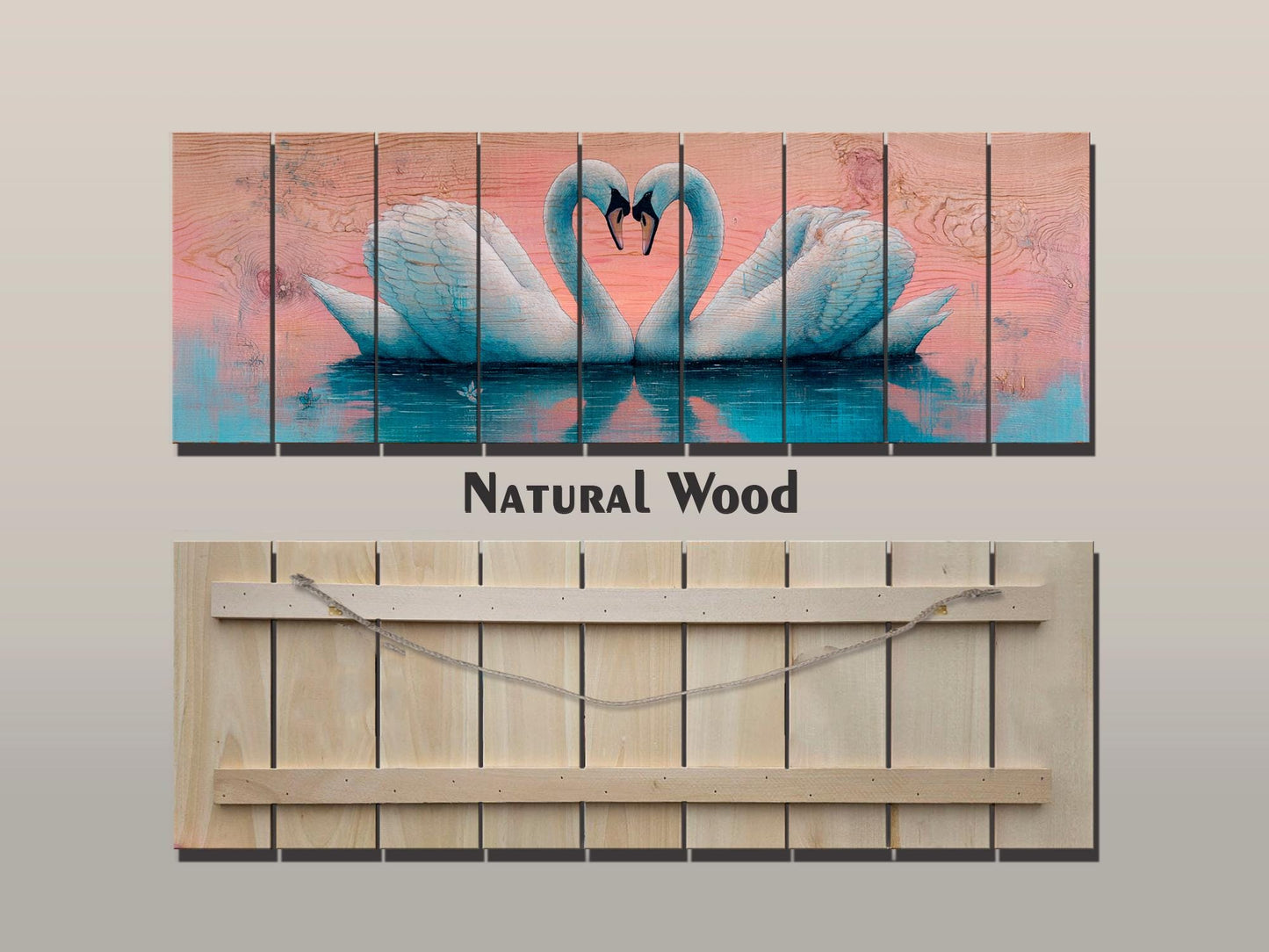 Swans Couple Forming a Heart at Sunrise Print on Natural Wood, Romantic Wall Art, Rustic Swans Painting, Swans Wall Art, Wood Wall Art