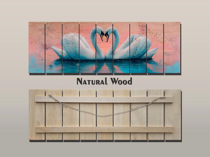 Swans Couple Forming a Heart at Sunrise Print on Natural Wood, Romantic Wall Art, Rustic Swans Painting, Swans Wall Art, Wood Wall Art