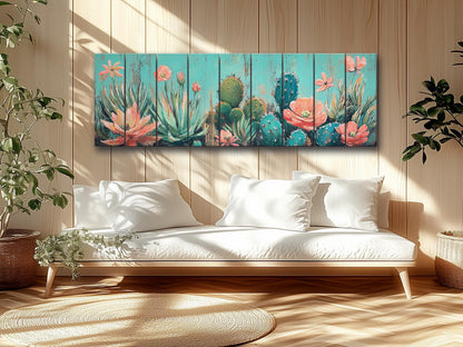Cacti Garden with Blooming Succulents Print on Natural Wood, Rustic Flowers Painting, Cozy Cabin Wall Decor, Cactus Painting, Wood Wall Art
