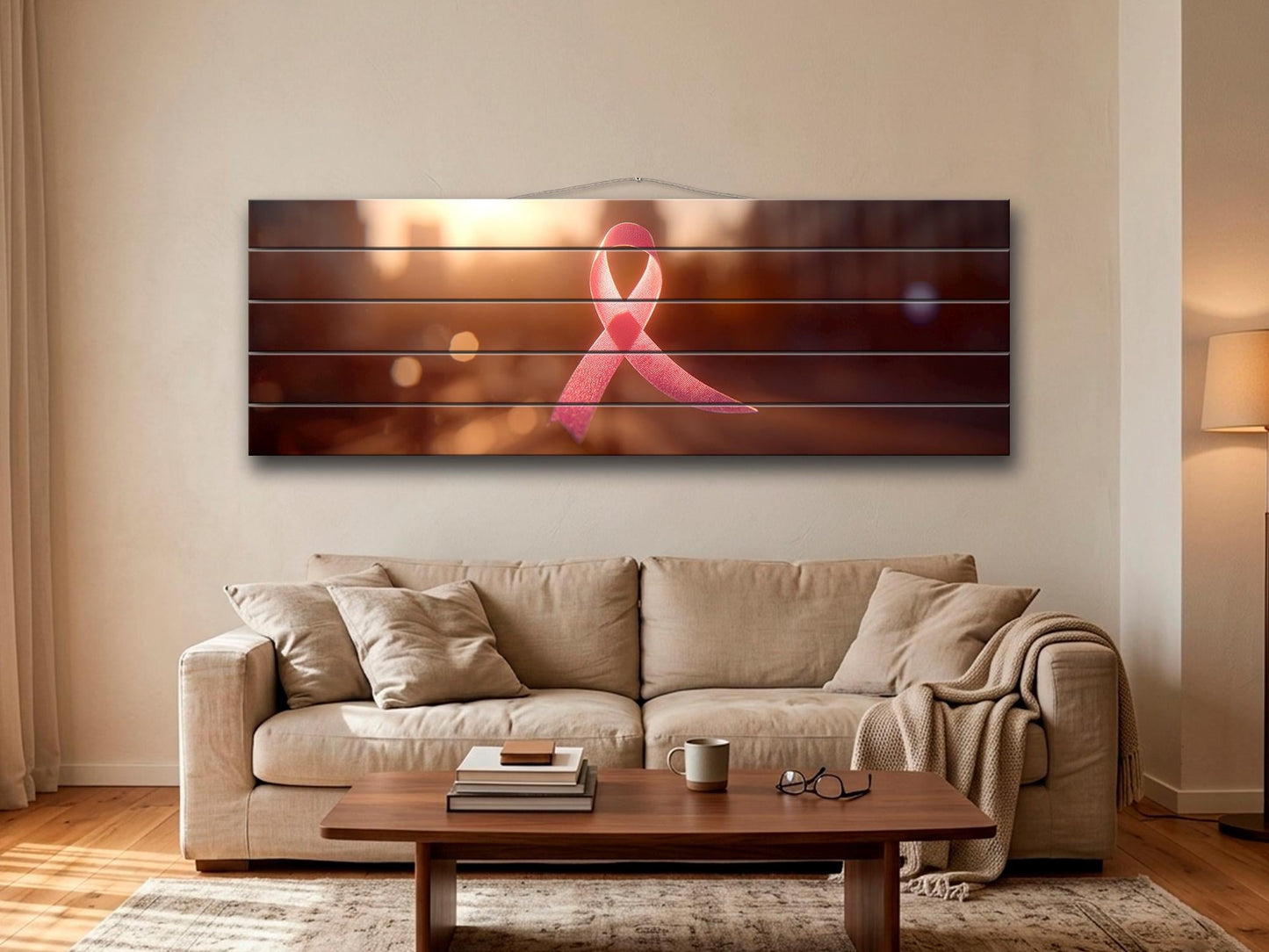 Pink Ribbon Print on Wood, Breast Cancer Symbol of Hope Art, Hospital Wall Decor
