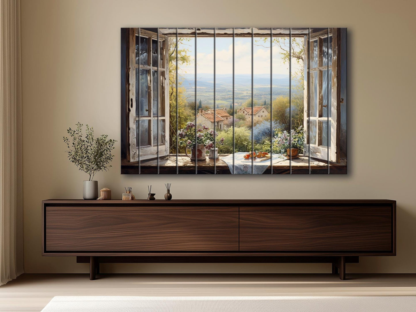 Balkan Landscape Wood Art – Rustic Natural Wood Wall Decor with Window View Painting