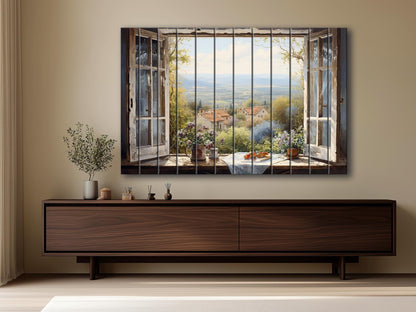 Balkan Landscape Wood Art – Rustic Natural Wood Wall Decor with Window View Painting