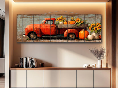 Rustic Wood Wall Art - Vintage Pickup Truck Print on Wood Plank with Pumpkins & Sunflowers