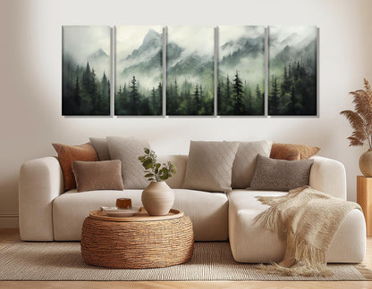 Misty Mountain Forest Canvas – Foggy Pine Trees Painting | Framed & Ready to Hang