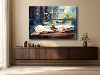 Justice Scales Wall Art – Rustic Wooden Decor with Natural Wood Painting for Lawyer Office