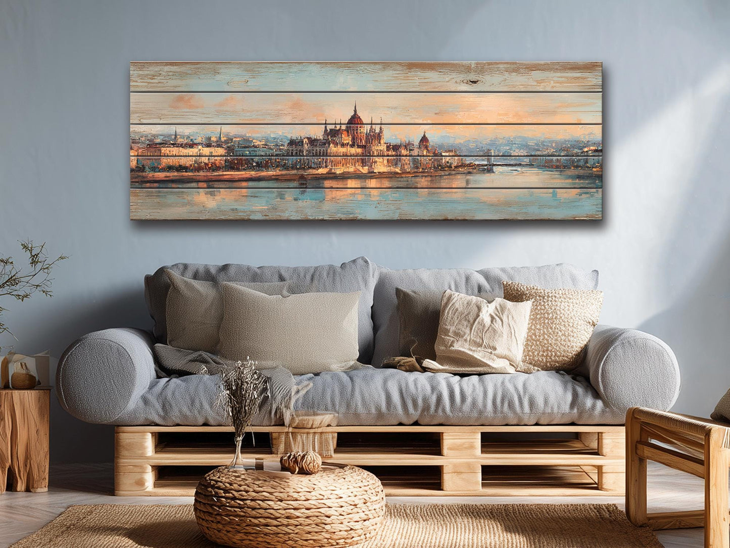 Budapest Wood Print – Rustic Wall Art With Parliament Skyline & Beige Distressed Wood