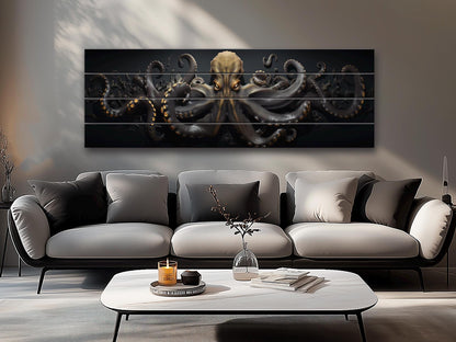 Black And Gold  Octopus Printed On  Natural Wood – Nautical Wall Decor