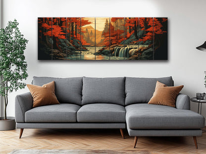 Rustic Autumn Wall Art - Wooden Waterfall Painting on Natural Wood Planks