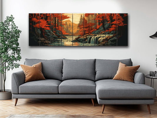 Rustic Autumn Wall Art - Wooden Waterfall Painting on Natural Wood Planks