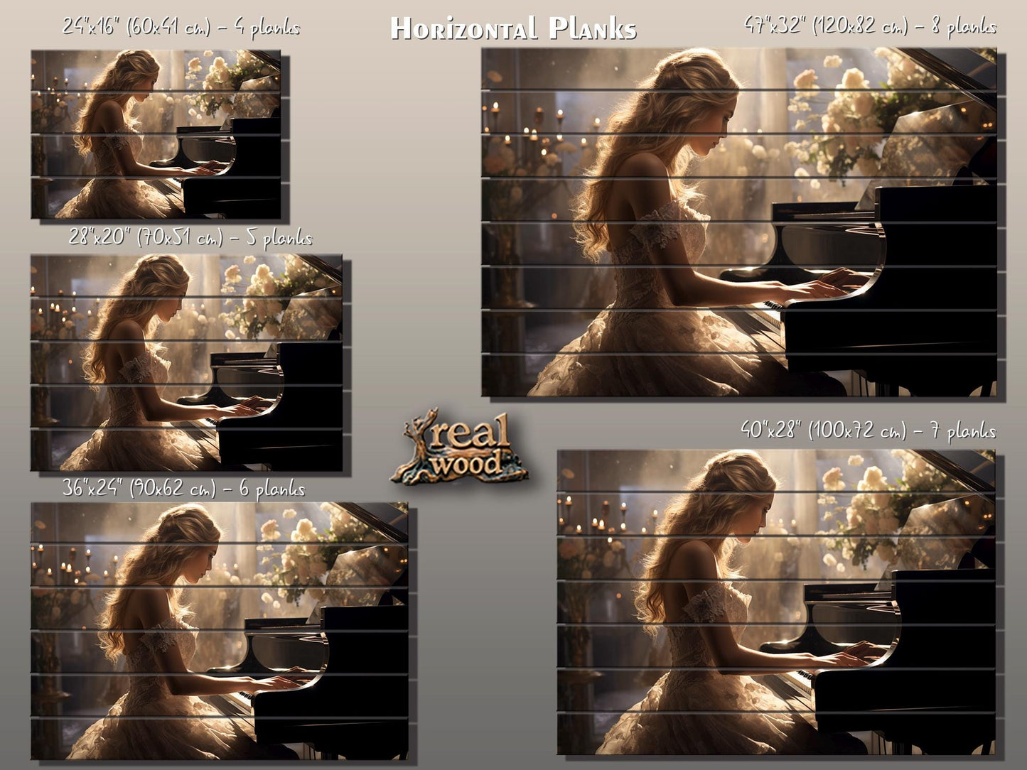 Rustic Piano Wall Art - Wooden Piano Print of Pianist Girl, Framed & Ready to Hang